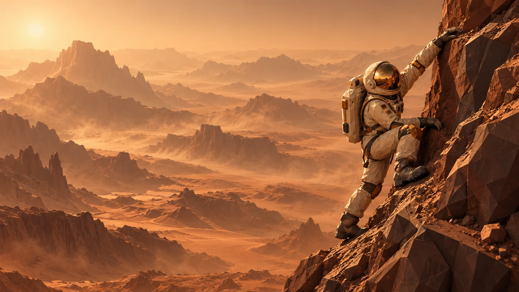 An astronaut climbing a golden Martian cliff