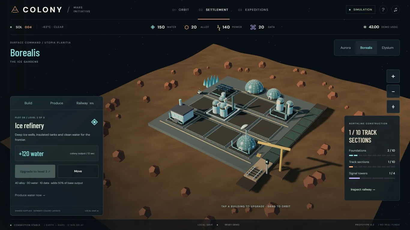 Borealis settlement with individually placed and upgraded 3D buildings