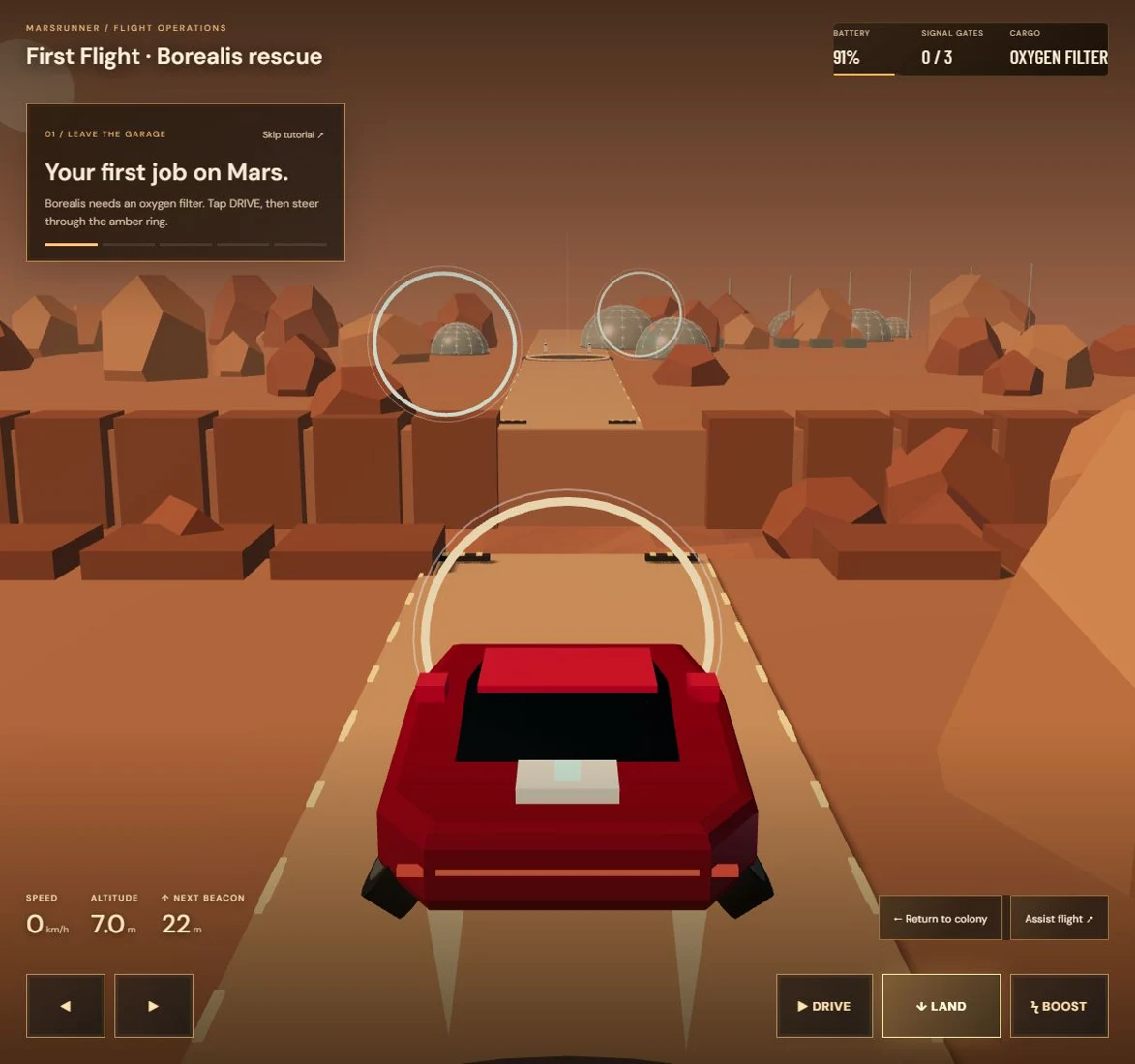 Marsrunner flying above a Mars canyon